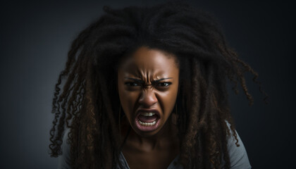 A photo portrait of a black female with an angry face expression