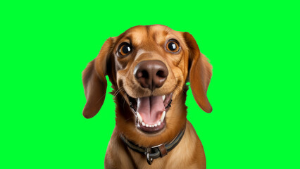 Portrait photo of smiling Dachshund on green background