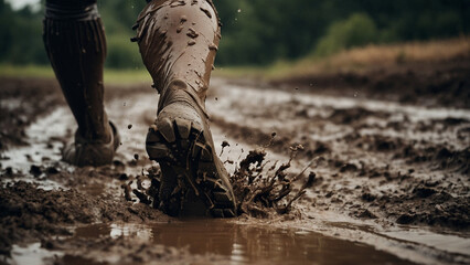 close up walking in the mud. Overcoming obstacles, reacting to defeats. Never give up. Get out of the mud. 