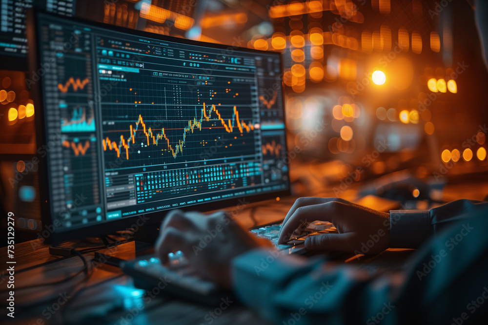 Poster trader analyzing financial market data on computer screens