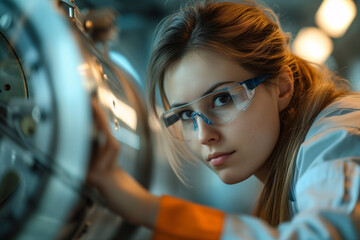 Female aerospace engineer in safety glasses inspects machinery components in a high-tech facility.