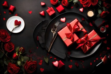 Beautiful romantic table setting with wine, roses and gifts on black background. Romantic dinner
