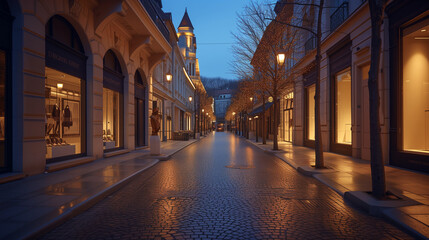 Fototapeta premium Twilight Ambiance on an Elegant Luxury Shopping Street with Festive Lights and High-End Boutiques - Atmospheric Evening Retail Scene 