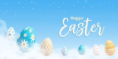 realistic illustration of Happy Easter Egg greeting in a sky full of clouds Vector Illustration