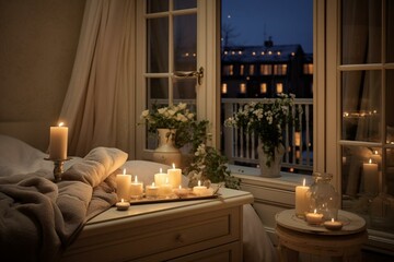 Candles on windowsill in bedroom with mirror and wardrobe. Bathroom with candles. Generative AI