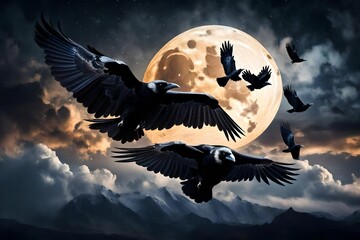 Dark sunset sky with full moon, stars, flock of flying ravens, crows