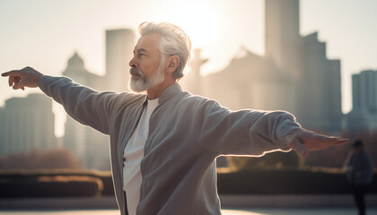 A grey haired man doing tai chi with a busy cityscape in the background, evoking a sense of serenity - obrazy, fototapety, plakaty