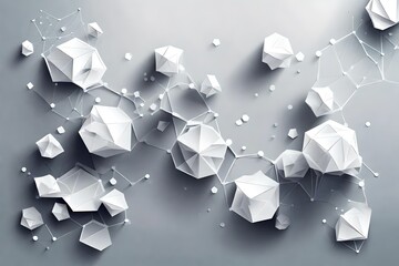 Vector Abstract molecules with 3D paper polygon on light gray background - obrazy, fototapety, plakaty