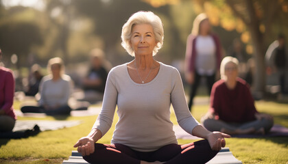 An elderly woman meditating on a sports mat in a park with other people in the background, evoking a sense of serenity