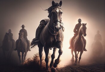 WW1 battlefield horses and soldiers. Generative AI