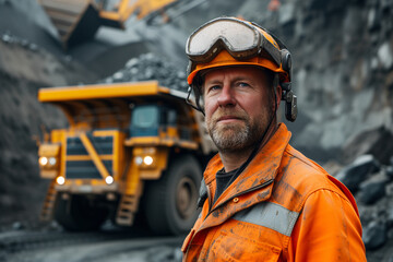 Miner in high visibility gear stands in front of active dump trucks at a mining site, representing the industry's human element.