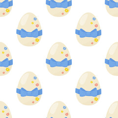 Seamless pattern easter eggs with blue bow. Vector illustration. For your design, wrapping paper, fabric.