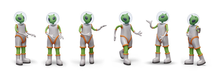 Collection of 3D green humanoids in various poses. Vector alien characters