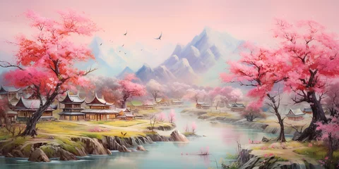 Draagtas Cherry blossoms and misty forest on the mountain There are Japanese castles, rivers, waterfalls, and landscape paintings of cherry blossom trees. © Rassamee