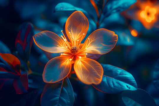 Spring background with beautiful flowers with neon light.