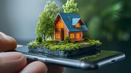 A smartphone application for online search, purchase, sale and booking of real estate. An unusual 3D illustration of a beautiful house on a smartphone in your hand, generative ai