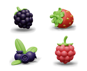 Set of 3D berries in cartoon style on white background. Blackberry, strawberry, blueberry, raspberry