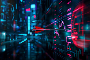 An arrow that hits a target with stock market background, make a plan to reach your goals and success in terms of financial freedom and doing business