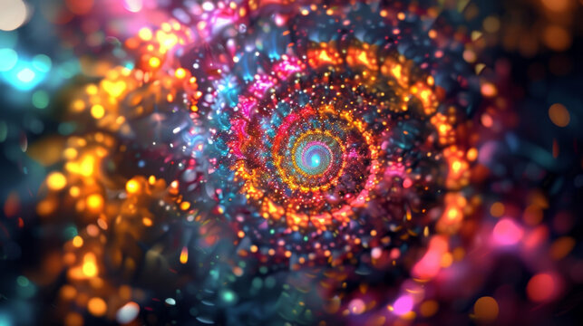 A dizzying array of colorful particles spins and twists in a hypnotic spiral creating a kaleidoscope of visual enchantment.