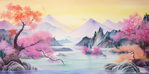 Cherry sakura blossom painting. Spring blooming cherry branches on sunny blue sky white clouds illustration. Sakura blossom and mountain misty forest.