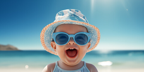 Cute little smiling baby in sun hat and sunglasses on the beach. Banner with copyspace. Shallow depth of field.