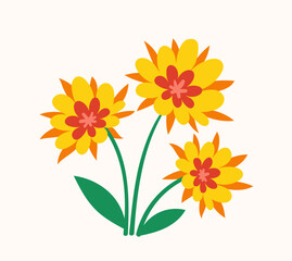Bouquet with spring flower concept. Yellow and red flowers with leaves. Wild life and flora. Botany and floristry. Beauty and elegance. Cartoon flat vector illustration isolated on white background