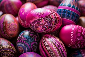 Vibrant Easter egg design with pink eggs featuring various patterns on a colorful background. Generative AI