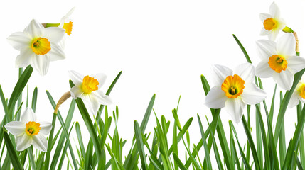 Easter Atmosphere: Narcissus Flowers and Grass Filigree, Clipart Forming a Harmonious Frame on a White Background, Ideal for Easter Projects with Plenty of Space for Creative Text.