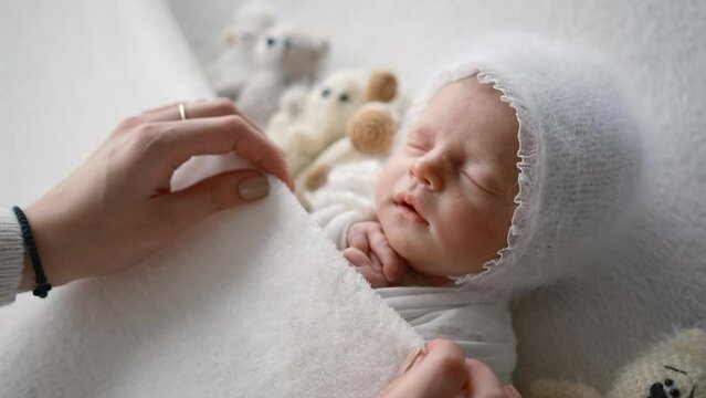 Solicitous Mother Puts Her Cute Newborn Baby To Bed