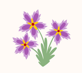 Bouquet with spring flower concept. Violet flowers with leaves. Wild life and flora. Botany and floristry. Pattern and ornament. Cartoon flat vector illustration isolated on white background