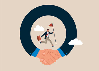 Determination and bravery to overcome obstacle and achieve business success, career challenge or motivation to win competition. Flat vector illustration