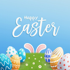 Vector illustration of a realistic Happy Easter Egg greeting on flowering grass for Easter day