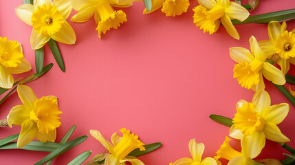 Fototapeta premium Romantic Spring Frame: Daffodil Flowers Delicately Outline a Pink Background, Creating a Perfect Clipart Design for Art Projects with Generous Space for Text.