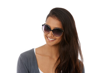 Closeup, Indian woman and sunglasses with smile in studio, white background and happy for new frame with confidence. Eyewear, shades and vision for eyesight to block sunshine, satisfied with glasses