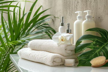 Towel, orchid flowers, bamboo leaves and cosmetics on a gray background. Relax concept