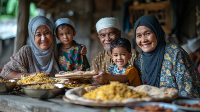 Asian muslim family having a meal at the table in the countryside of Indonesia
