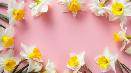 Fototapeta na wymiar Easter Elegance in Pink: Clipart of Daffodil Flowers on Pink Background, Forming an Eye-catching Frame, Ideal for Creative Spring Projects with Ample Space for Creative Text.
