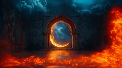 Fantasy portal to hell with fire and smoke in islamic culture.