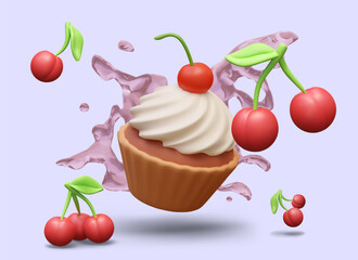 Realistic dessert with syrup. Cupcake with cream top, cherries, splashes of sweet liquid