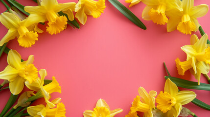 Easter Elegance in Pink: Clipart of Daffodil Flowers on Pink Background, Forming an Eye-catching Frame, Ideal for Creative Spring Projects with Ample Space for Creative Text.