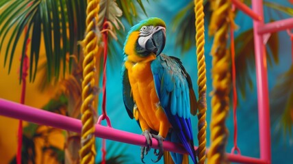 Majestic Blue and Gold Macaw Portrait - A stunning blue and gold macaw, perfectly poised and showcasing its majestic beauty. - obrazy, fototapety, plakaty