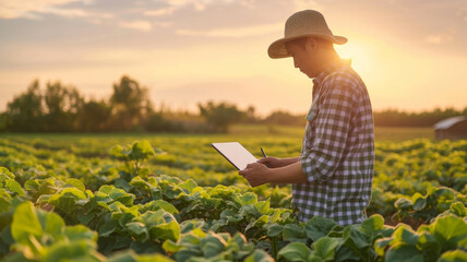 Agricultural Expert Analyzing Field Data - An expert farmer uses a digital tablet to analyze field data at sunrise