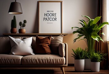 Interior design of living room interior with mock up poster frame, brown sofa, plants, wooden coffee table, lamp, ball, stylish rug, plaid, pillows and personal accessories. Home. Generative AI