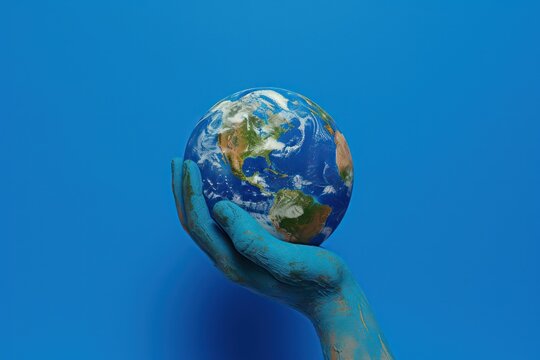 blue world hand hugging the earth in front of blue background