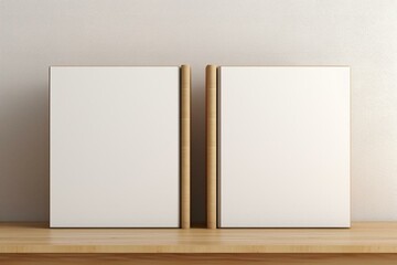 Two blank books on wooden cupboard, 3D rendering, for your mock-up design. Generative AI