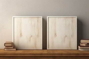 Two blank books on wooden cupboard, 3D rendering, for your mock-up design. Generative AI