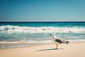 Fototapeta na wymiar A seagull standing gracefully on the sandy beach, with the ocean waves crashing in the background