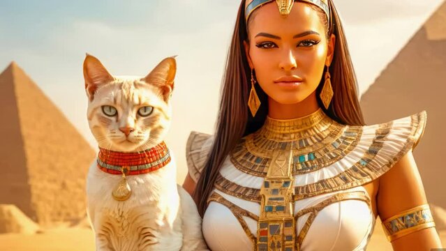 Beautiful Egyptian queen against the background of the pyramid.