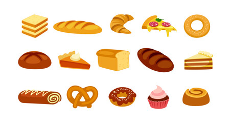 Different food icons set. Bakery and pastry products. Baguettes and pizza. Stickers for social networks and messengers. Cartoon flat vector collection isolated on white background