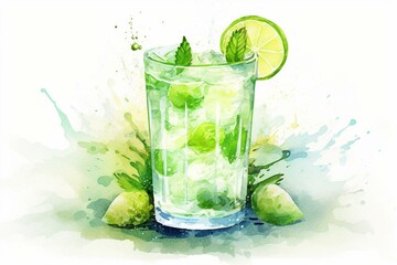 Watercolor image of a refreshing cocktail with mint and lime in a round glass, with dynamic splashes. Generative AI